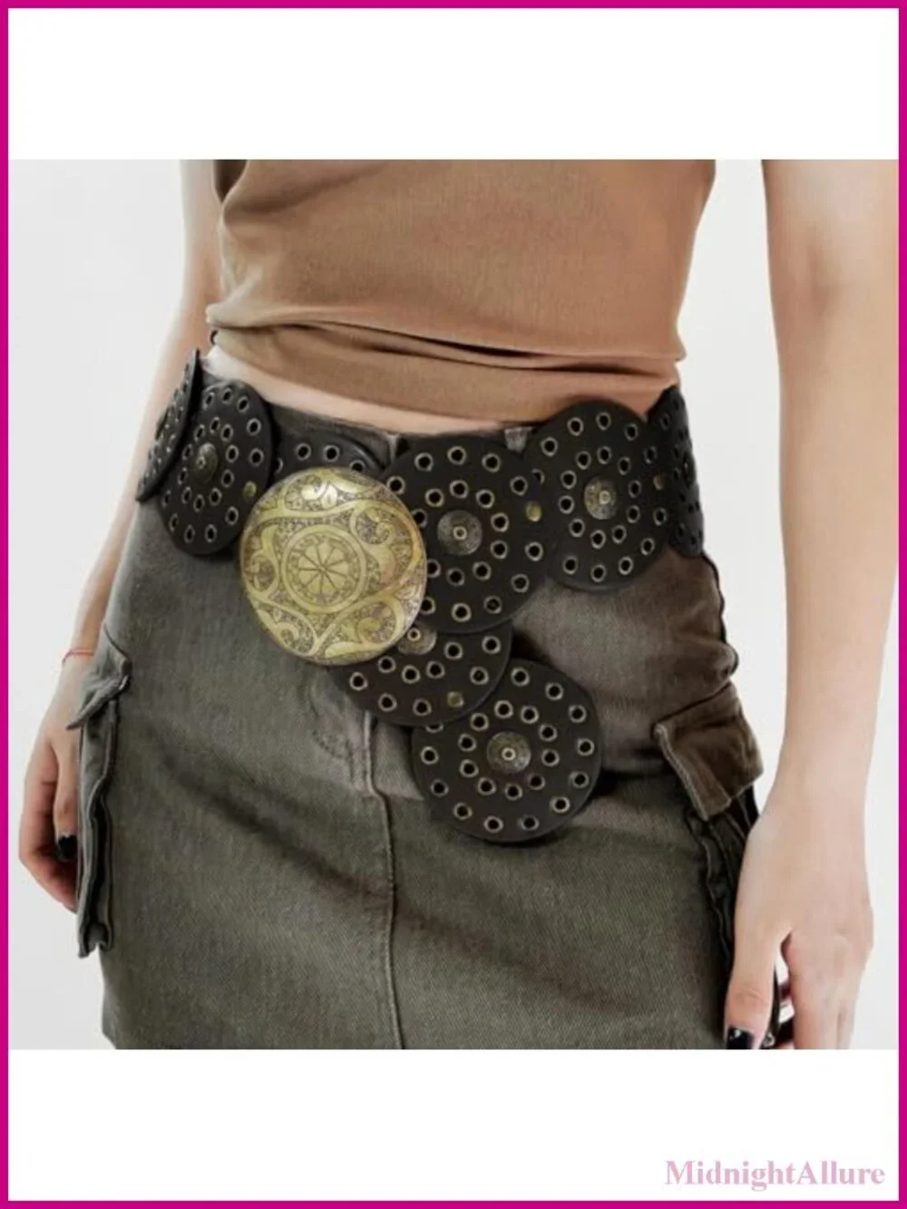 Wide Disc Belt PU Leather Hollow Out Round Western Waist Belt